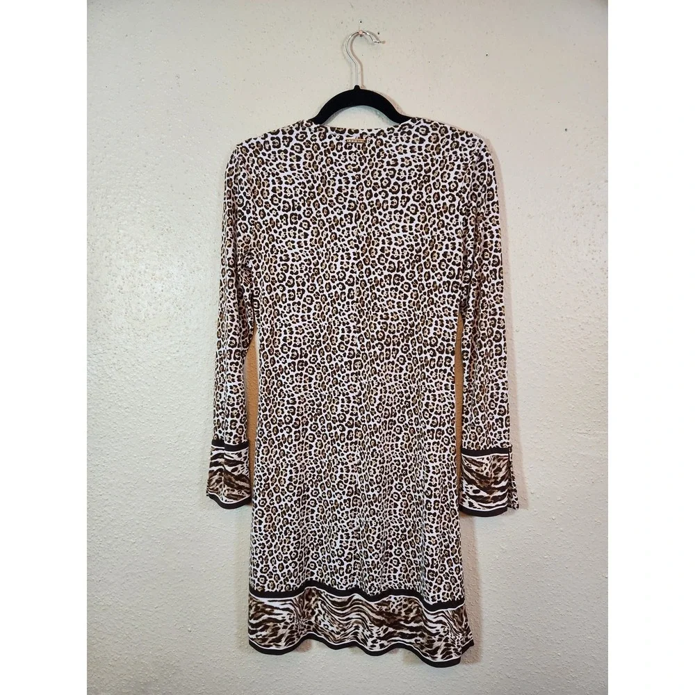 Michael Kors Womens XS Brown Leopard Print Long Sleeve Mini Dress Sheath Stretch